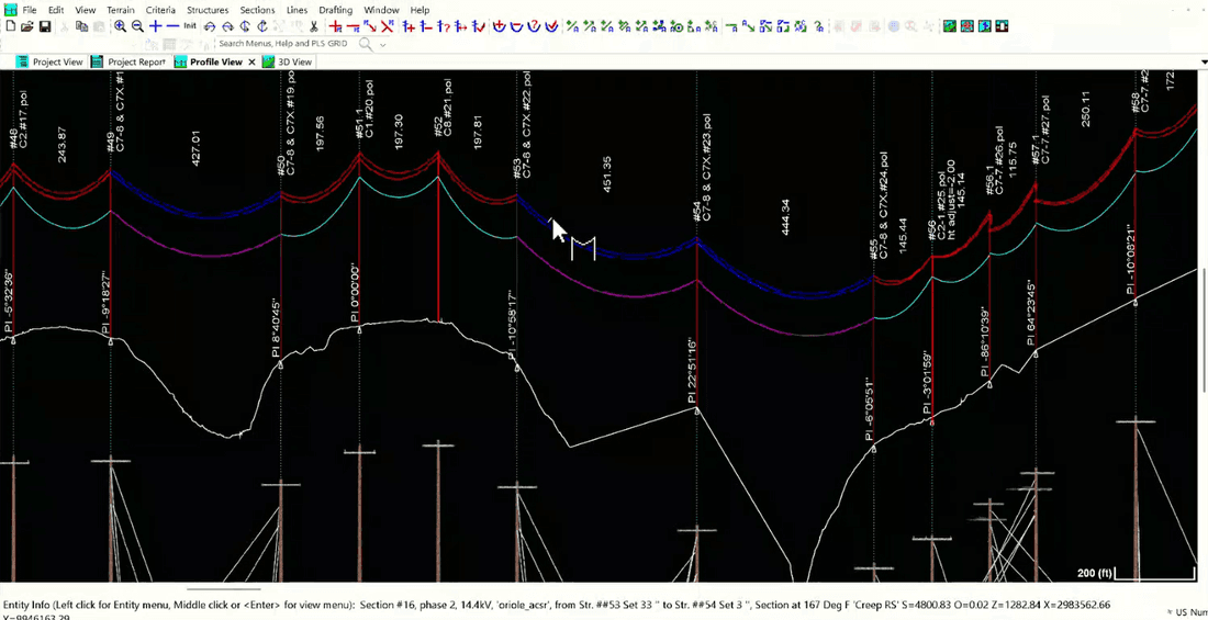 PLS-CADD profile view: sag-tension and clearance modelling across a distribution line